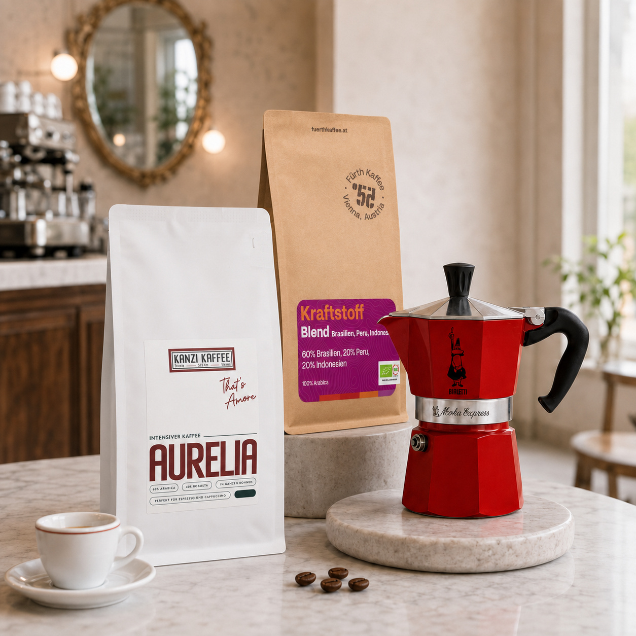 Mokka Starter Set 1.1 Kaffeebundle Mit Kraftstoff, Aurelia Und Bialetti Moka Express Rot Mokka Starter Set 1.1 Kaffeebundle Mit Kraftstoff, Aurelia Und Bialetti Moka Express Rot